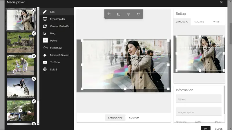 Intranet CMS Example: media picker interface for adding and editing images and videos in intranet content.