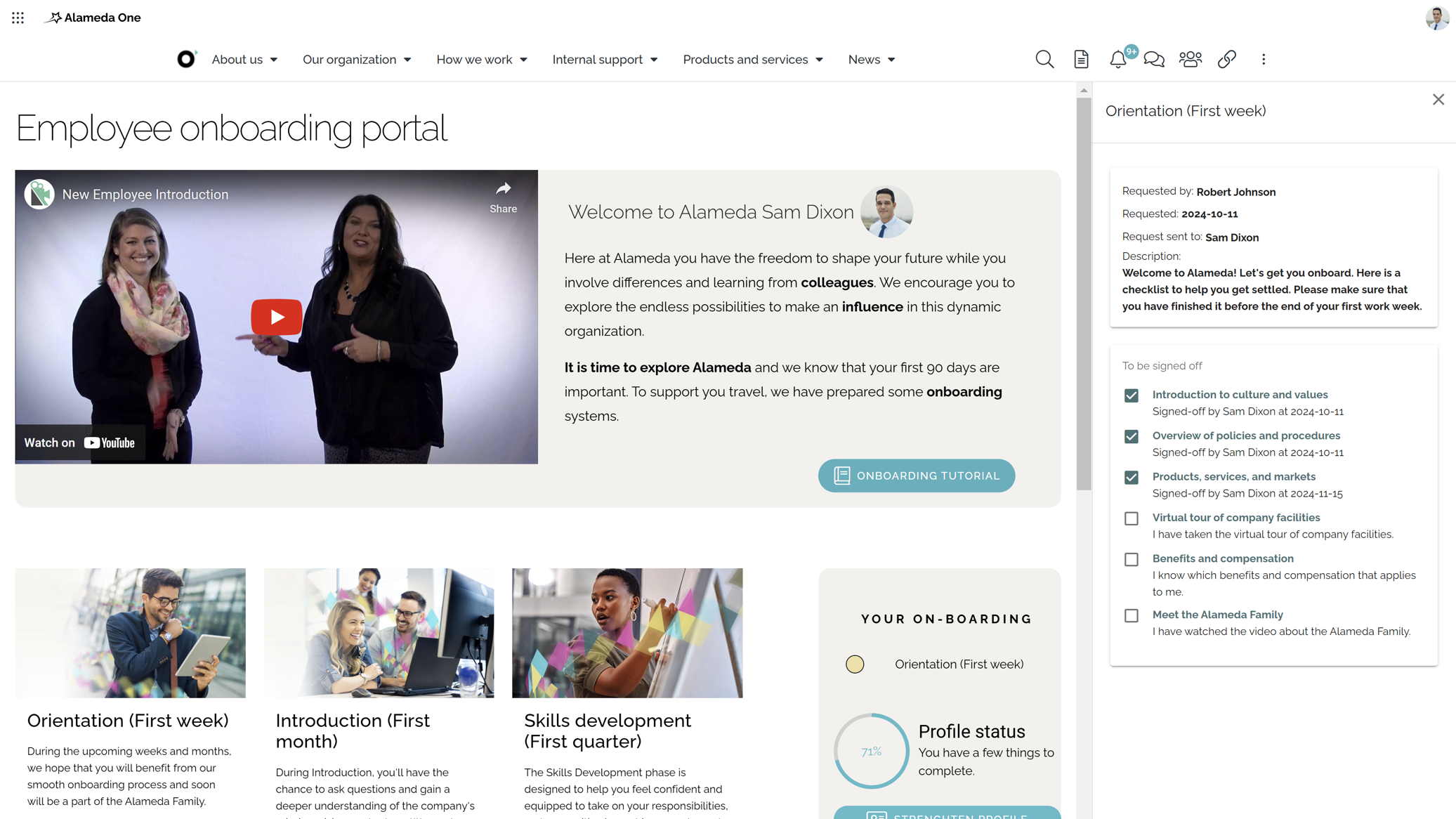 Intranet example of must-have intranet features with AI-powered notifications and task management for onboarding consistency.