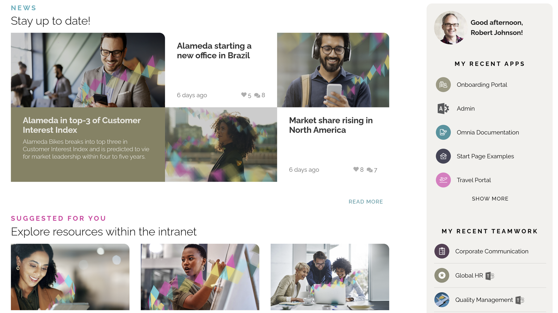 Intranet site homepage with top news articles and personalized intranet site features like “suggested for you.”