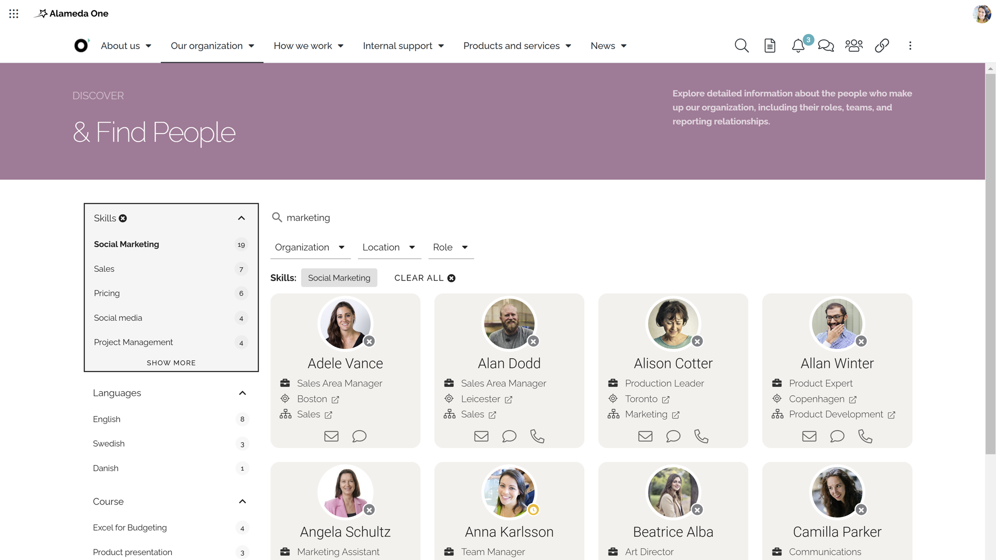 Intranet design best practice example showing people search results with custom filters and refiners.