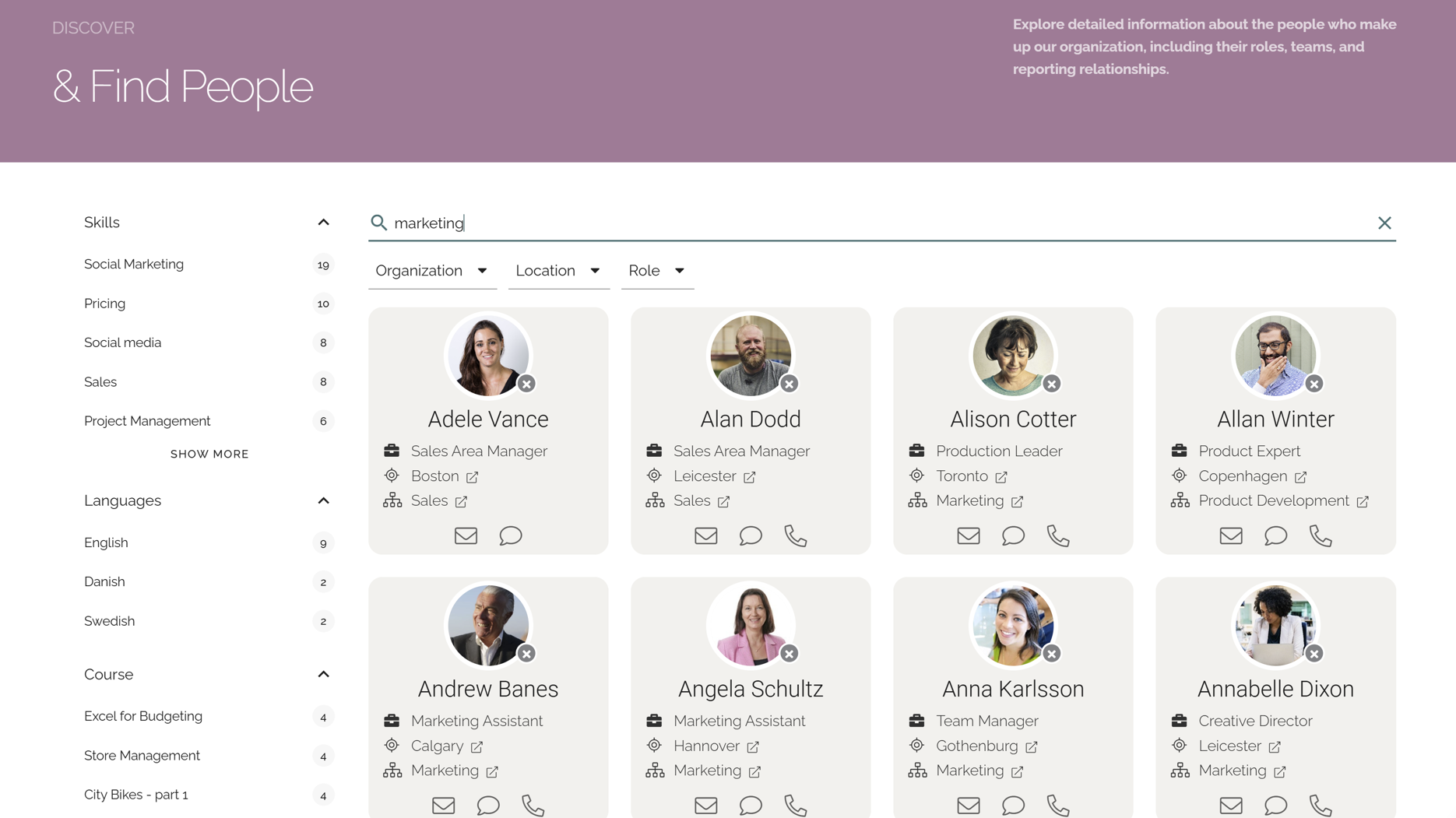 Intranet benefits for productivity demonstrated through advanced intranet search that helps employees quickly find colleagues and information.