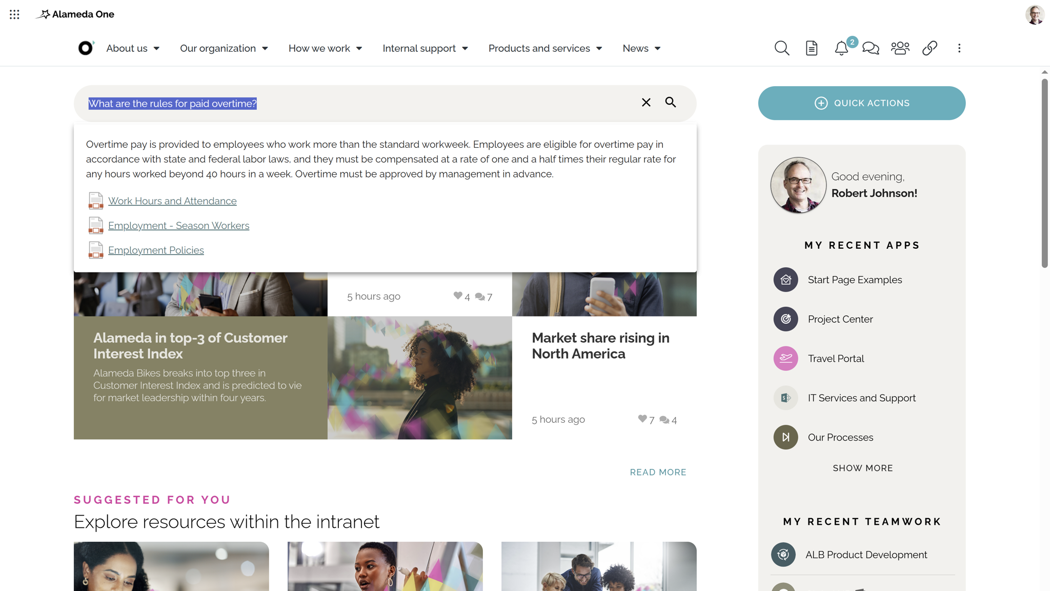 Intranet website feature example with customizable dashboards and intelligent search on the start page.