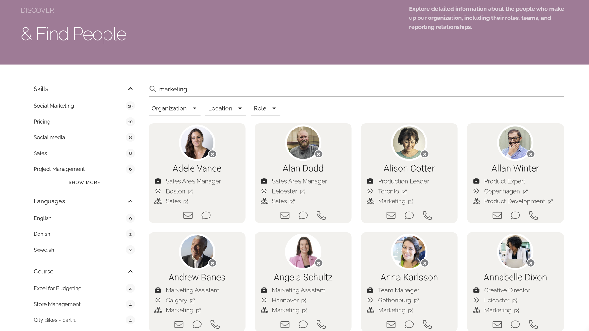 Custom intranet application interface for finding employees by name, role, or department. Custom intranet application interface for finding employees by name, role, or department.