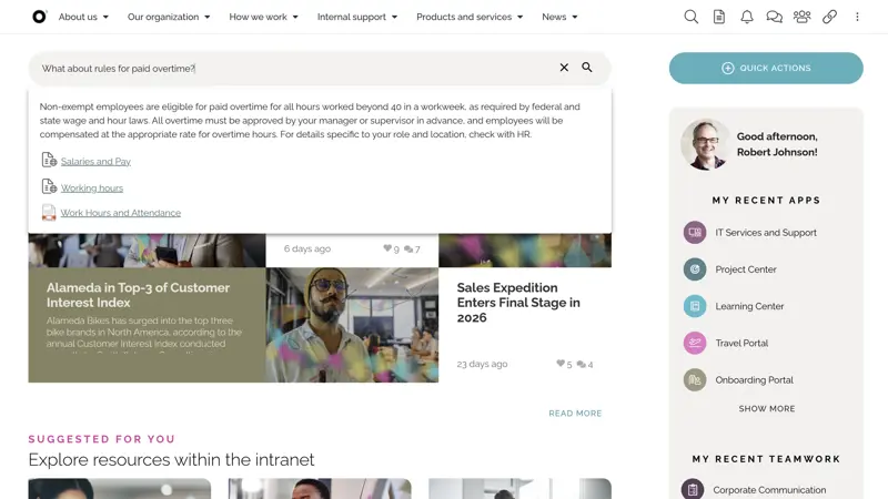 AI-powered semantic search in an intranet platform supporting information finding and digital workplace workflows.