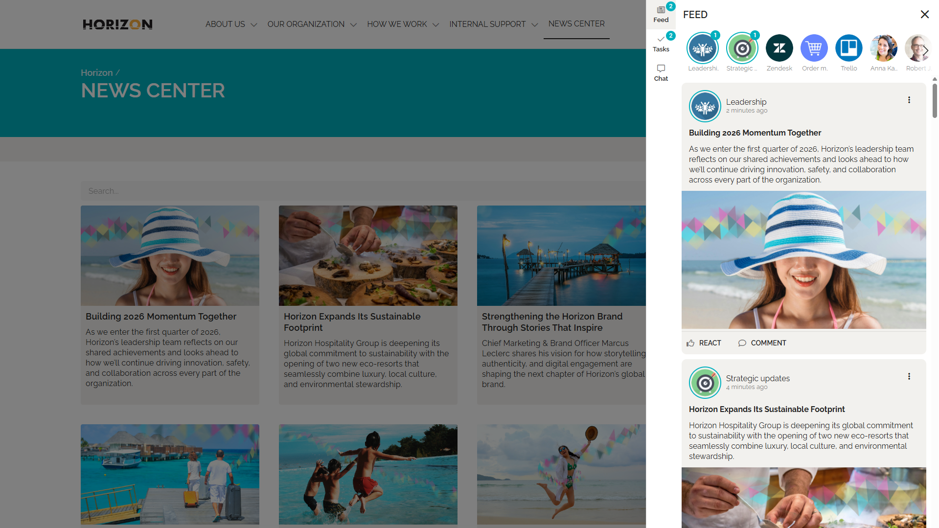 Intranet feed displaying real-time personalized content, announcements, and tasks for employees.