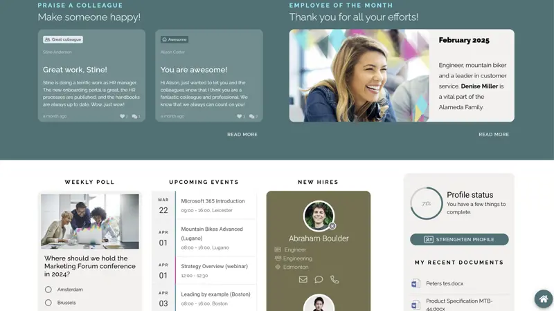 Intranet content ideas example showing an employee of the month feature on the start page.