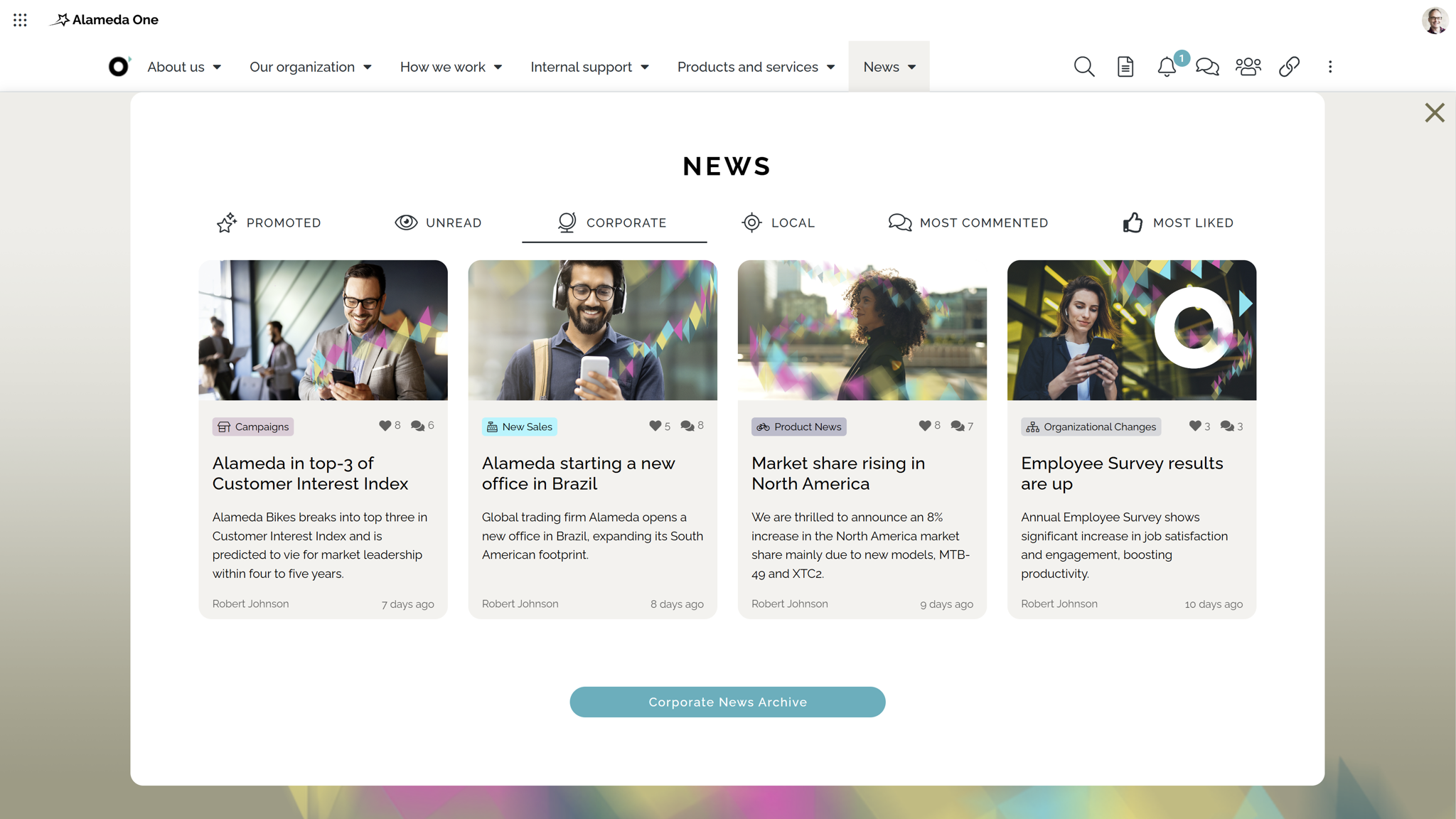 Intranet website example with mega menu navigation to company news and updates.