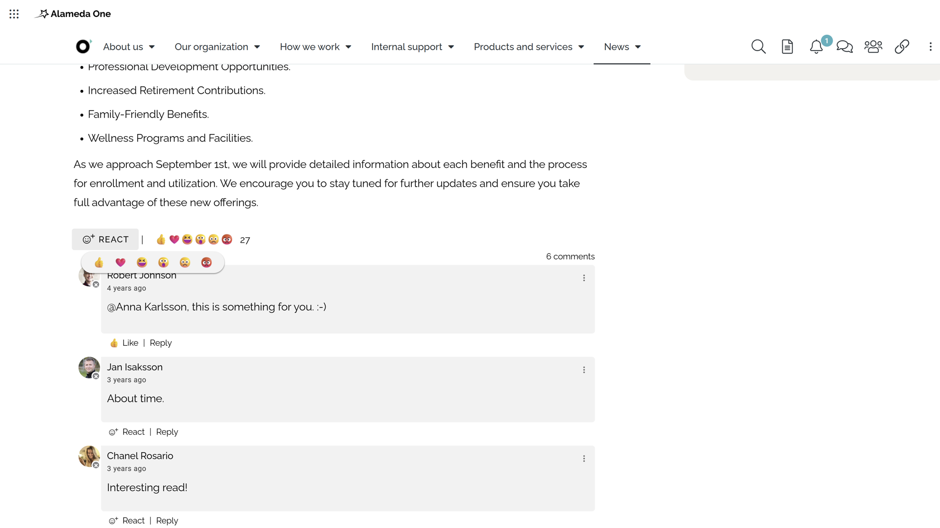 Internal communication intranet with social features such as comments, likes, and polls for employee interaction.