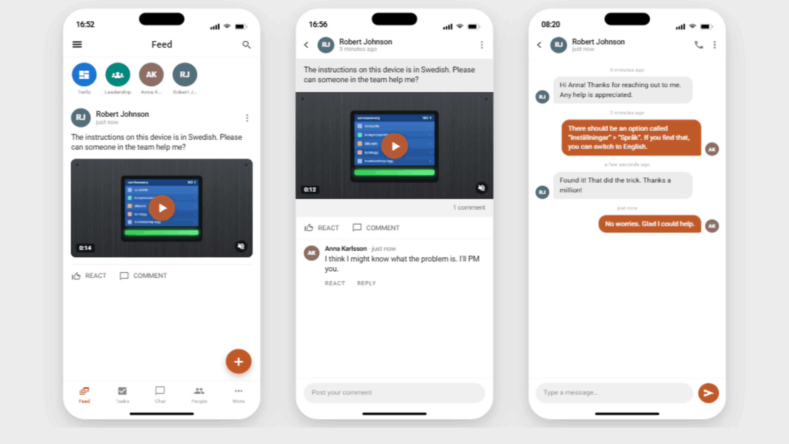 Screenshot of a frontline intranet app showing a team feed post, a video question, and a resolved one-to-one chat conversation.