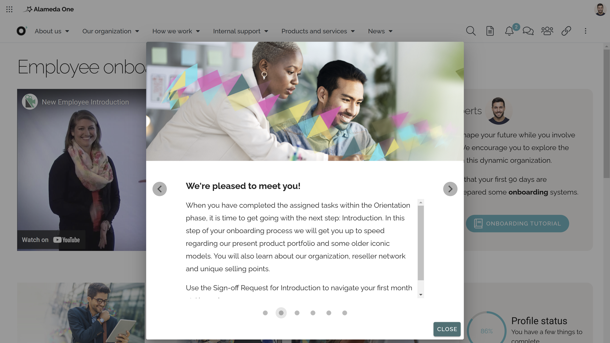 Guided intranet onboarding tutorial supporting employee experience best practices within an intranet planning framework.