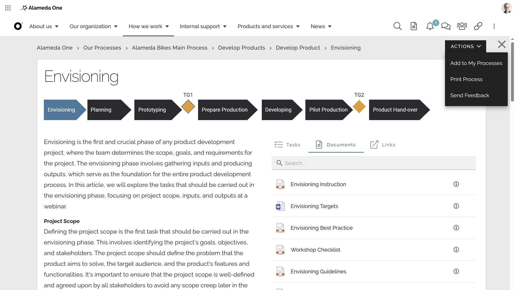 QMS Microsoft 365 Example: Visualizing business processes with phases, tasks, and linked resources in a quality management system in Microsoft 365.