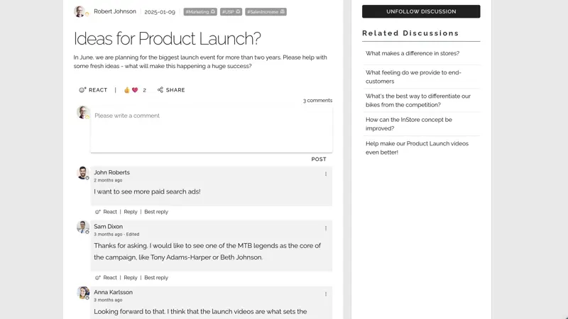 Intranet benefits for knowledge sharing shown through employee discussions and feedback in a knowledge management community.