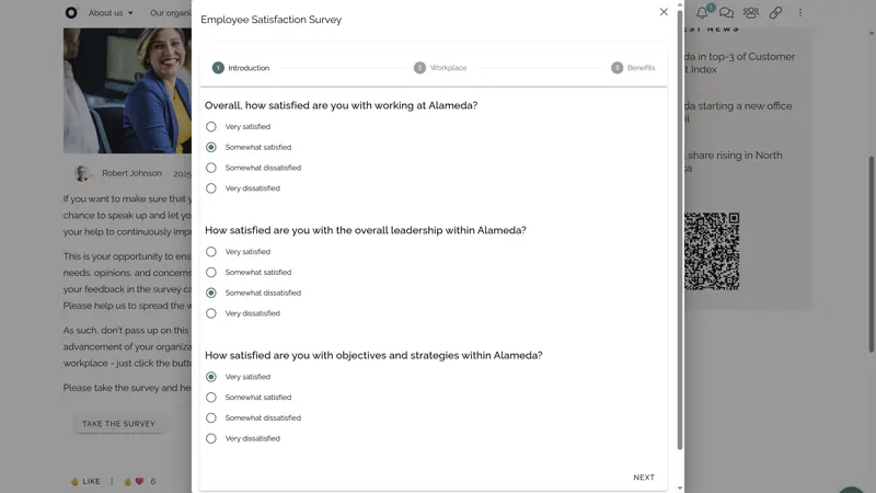 Employee engagement platform survey interface showing employee feedback and satisfaction tracking.