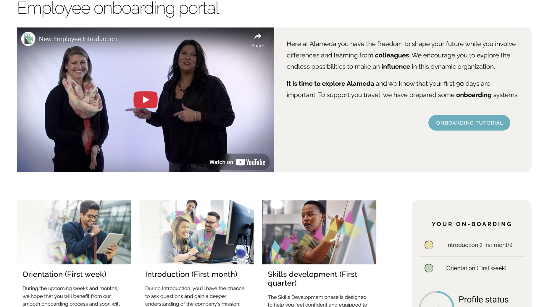 HR intranet page example showing a tailored welcome experience for new employees