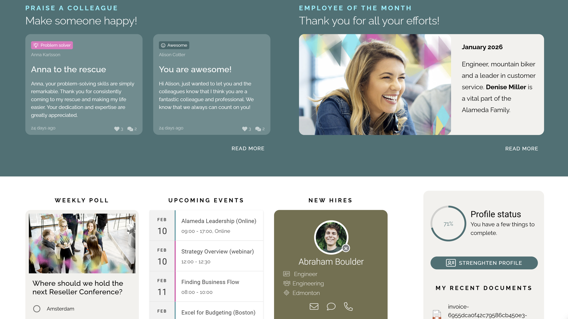 Intranet homepage showcasing employee recognition, new hires, and peer-to-peer praise to support engagement and culture.