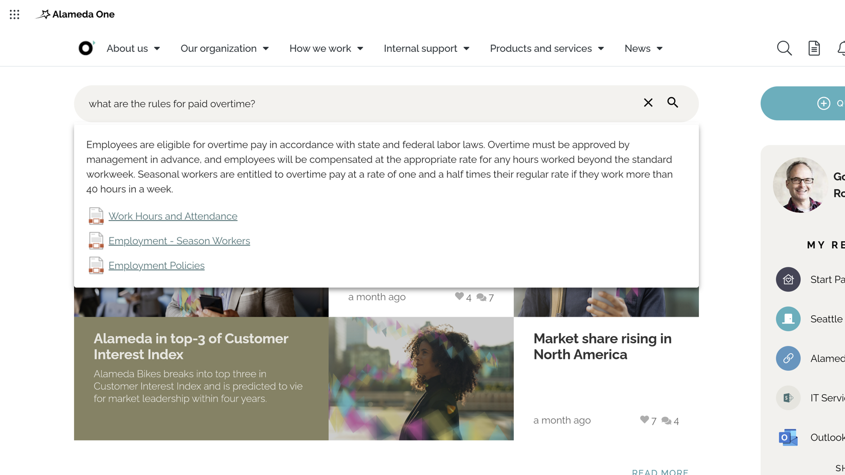 Intranet search experience enhanced with AI-powered semantic search providing natural languages answer and reference to content. Intranet search experience enhanced with AI-powered semantic search providing natural languages answer and reference to content.
