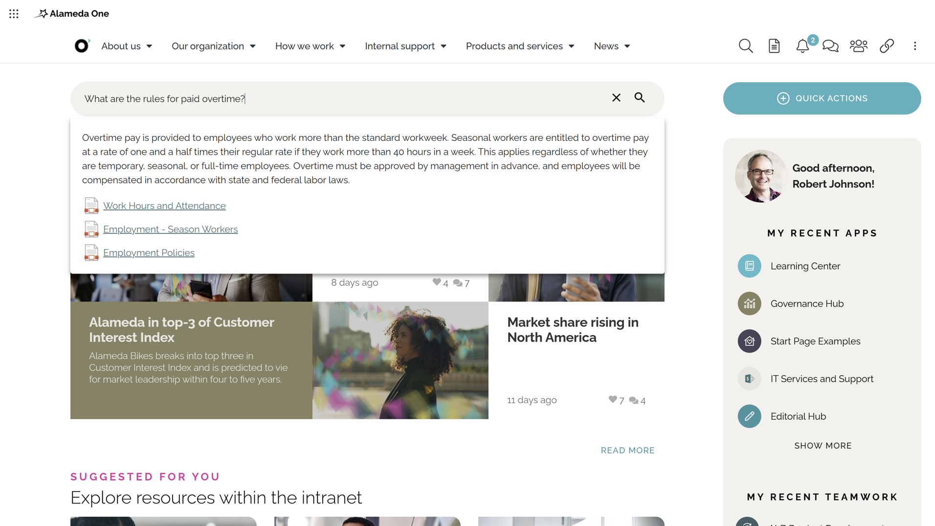 Intranet semantic search showing AI-driven results for natural language queries across governed documents and web pages.