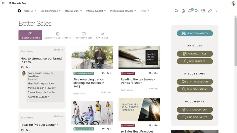 Modern intranet features example: intranet community workspace with documents, blog posts, and discussion threads.