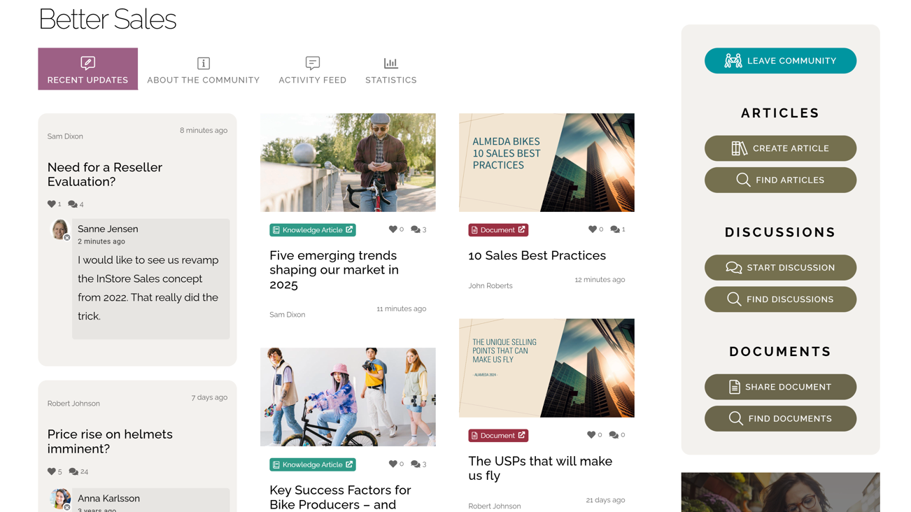 Corporate Intranet Software Example: Intranet community interface highlighting shared documents, team discussions, and expert blogs.