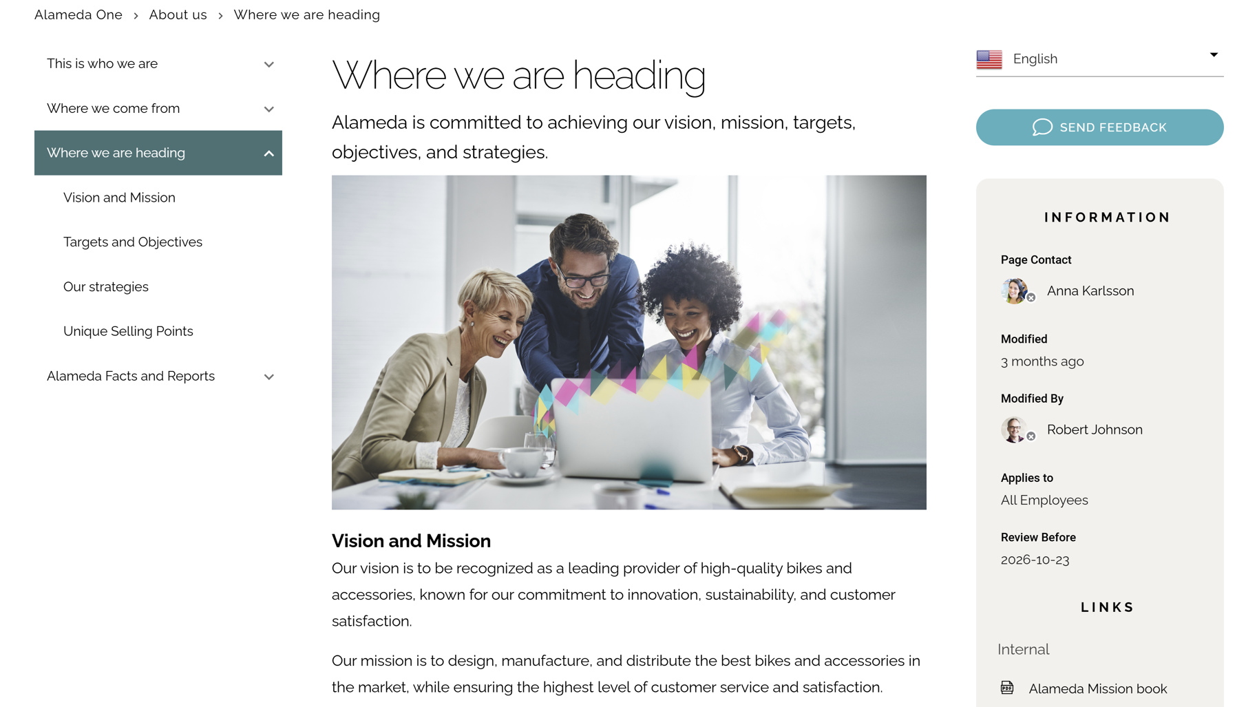 Intranet leadership communication example showing strategy hub with vision, targets, and strategic priorities