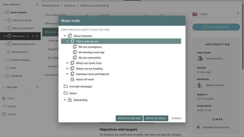 Screenshot showing intranet navigation editor with global and section-level menus to enhance user experience and support flexible information architecture.