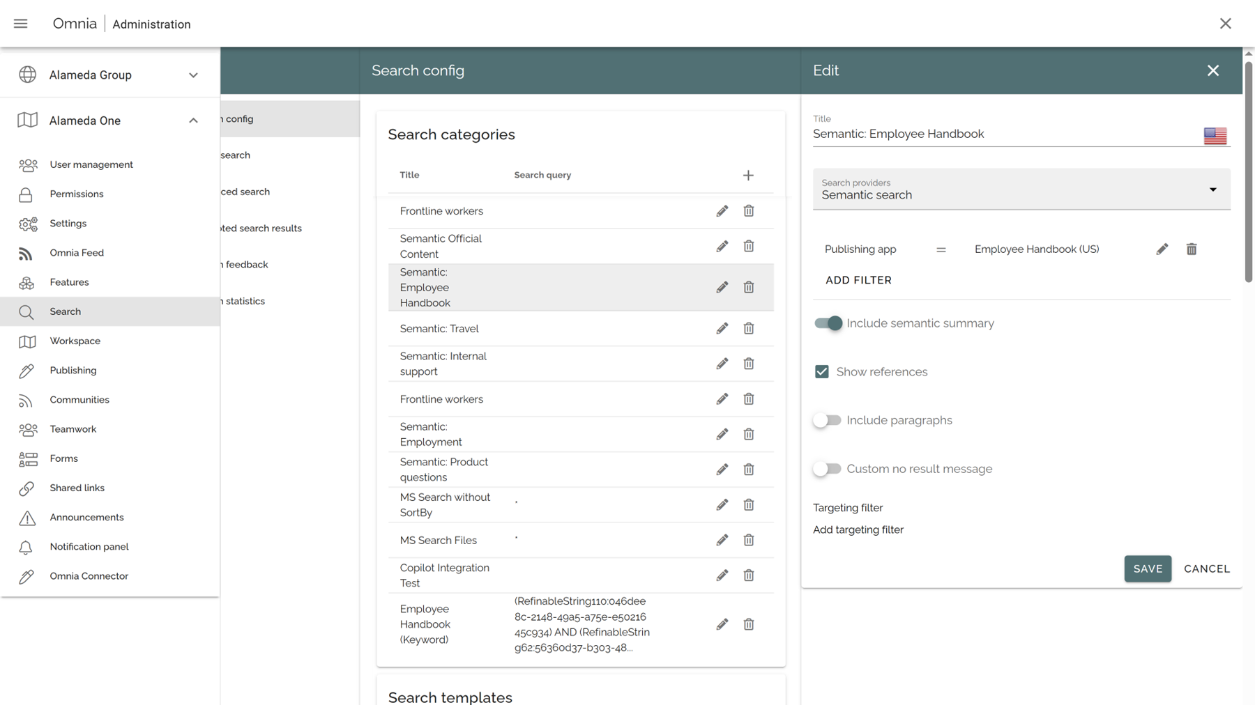 AI intranet platform showing semantic search scoped to trusted content sources to improve findability and governance