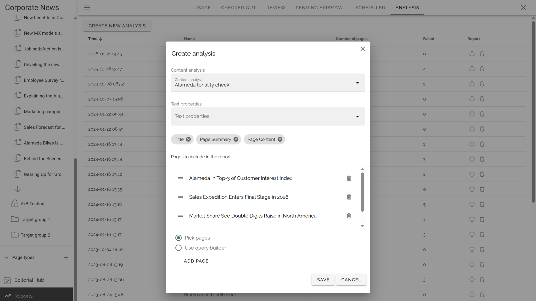 AI-supported intranet governance tool analysing published content quality and tone for administrators