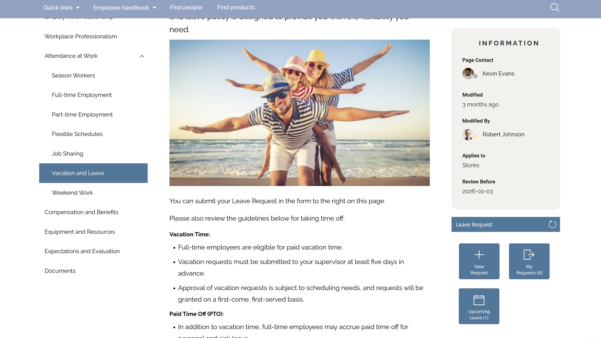 HR intranet site with centralized access to services like leave and benefits