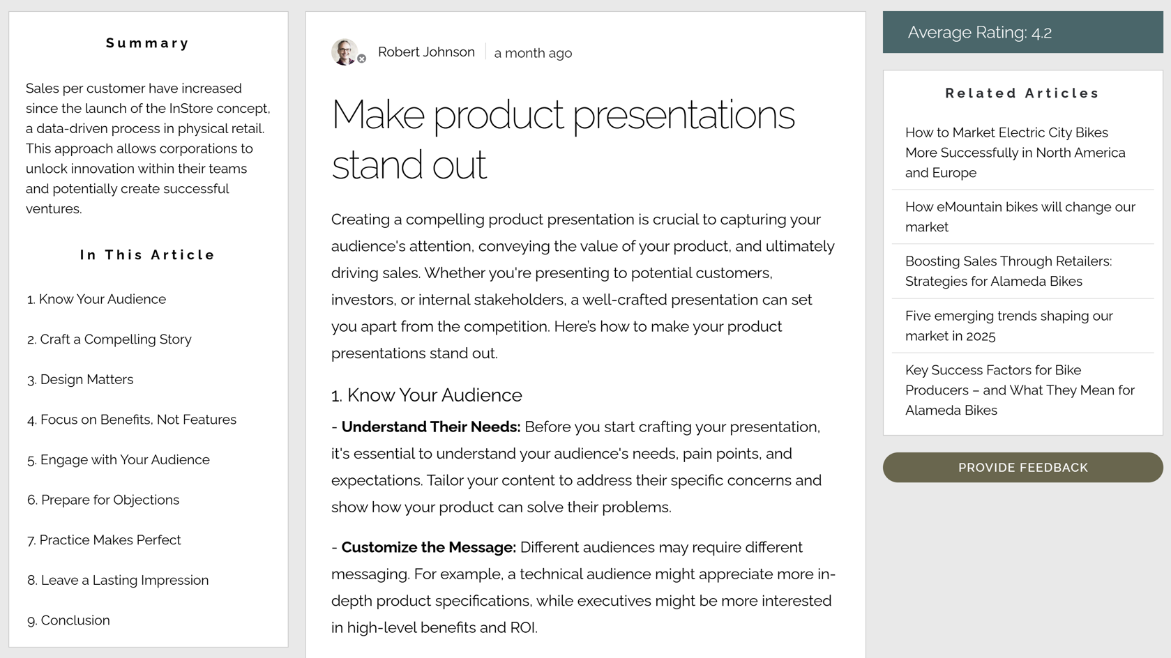 AI features in intranet generating concise article summaries to help employees quickly grasp key messages.