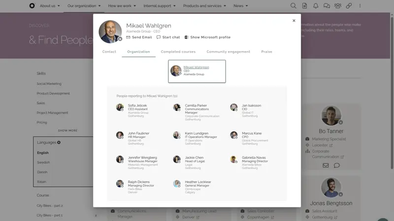 Leadership development intranet showing competence-based people search highlighting leadership skills and experience