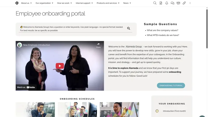Social intranet tools for onboarding, featuring a customizable portal with welcome packs, tutorials, and company policies.
