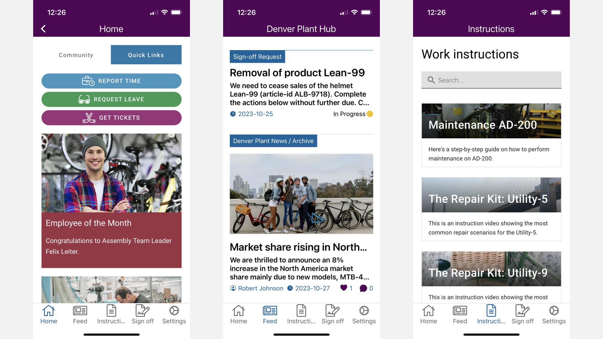Mobile intranet app designed for frontline work, with task-driven navigation, work instructions, and service access.