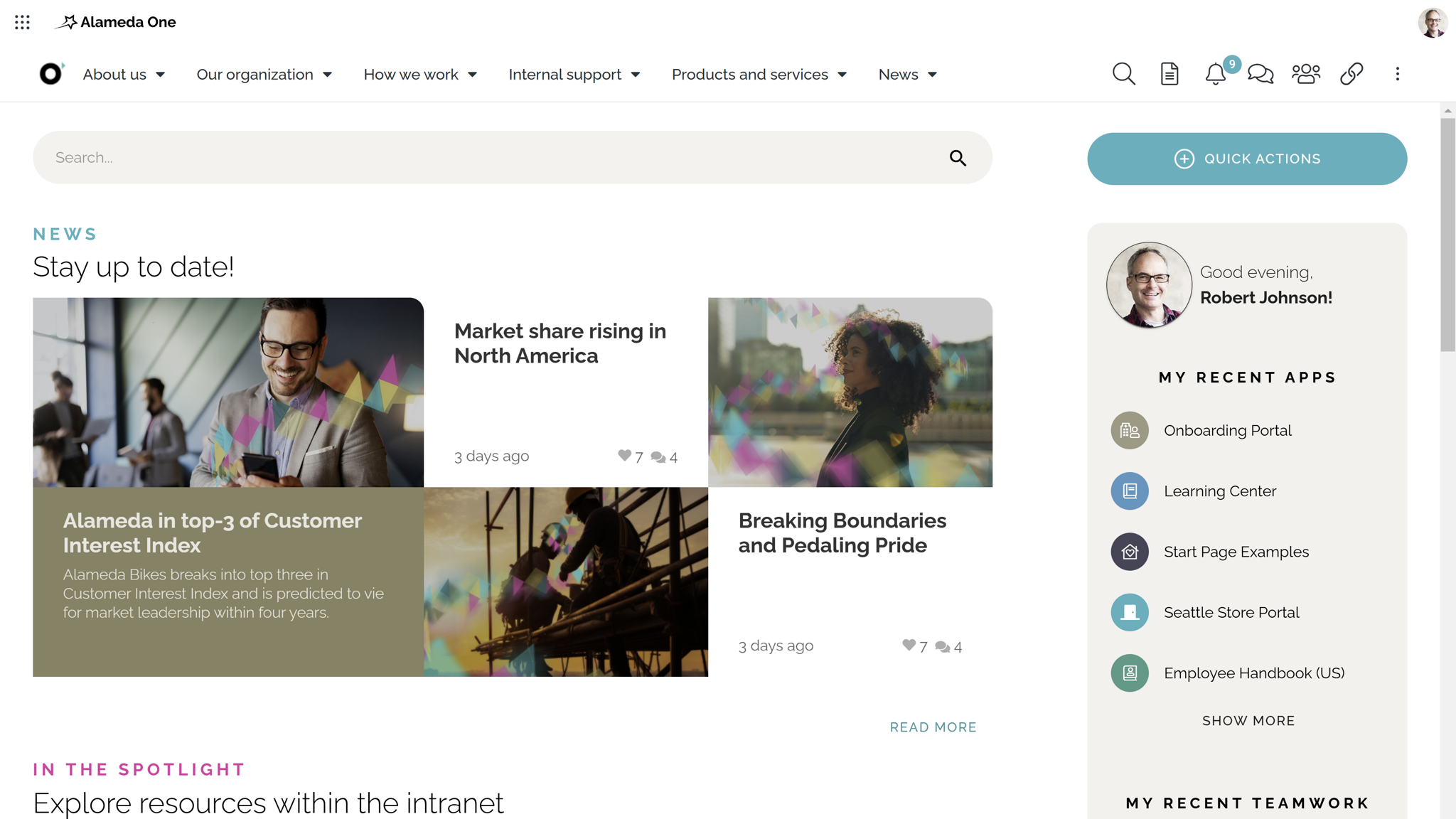 Intranet homepage design with personalized content and shortcuts based on employee role, following intranet design best practices.