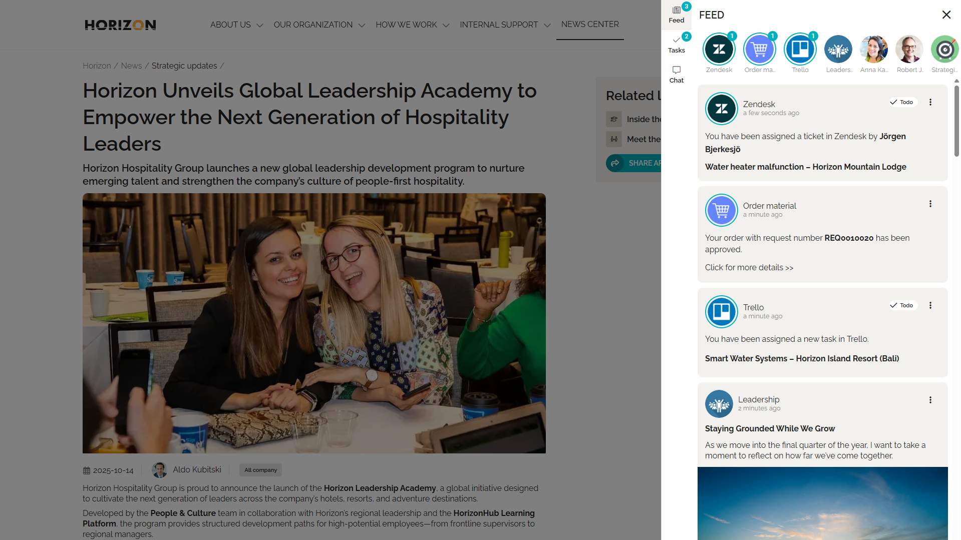 Personalized intranet dashboard showing tasks and notifications from Microsoft 365 and business systems within an intranet planning framework.