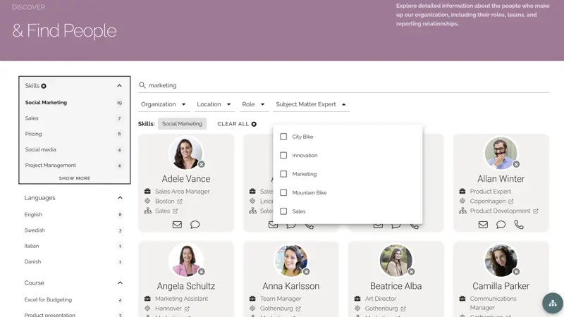 Intranet people search with filters for skills, roles, languages, and contact options.