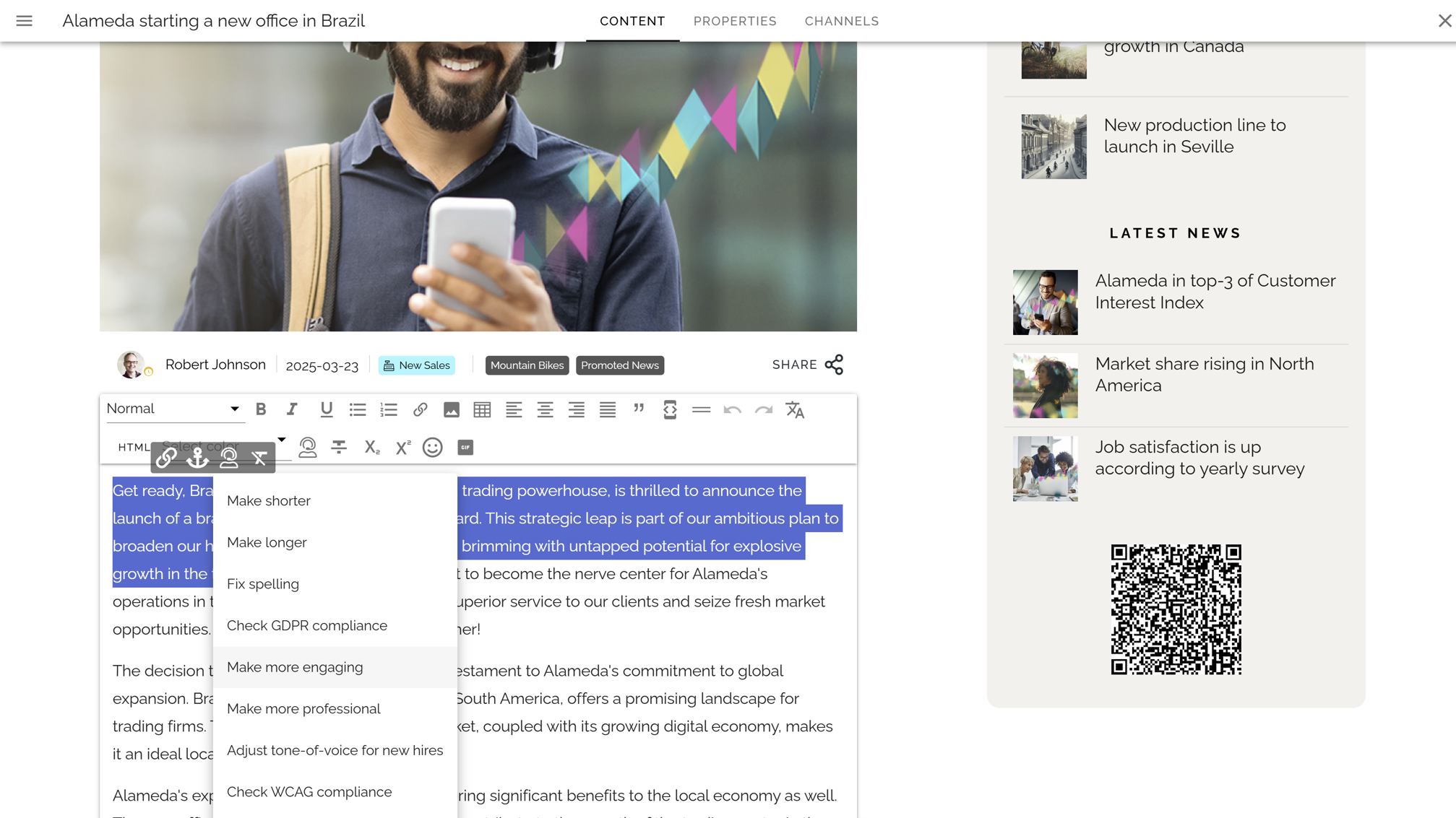 Intranet communication example of an editor using AI tools to refine and personalize internal news content. Intranet communication example of an editor using AI tools to refine and personalize internal news content.