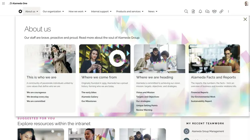 Intranet Design Example: Mega menu navigation on an intranet platform with card-style categories for easy access to content.