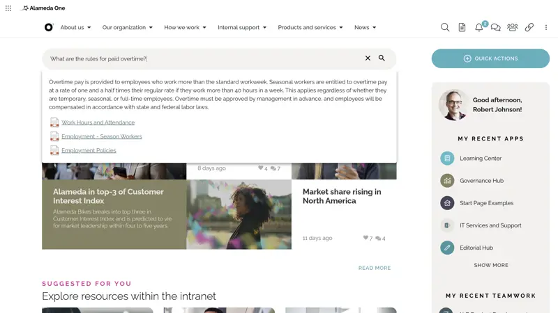 Intranet semantic search showing AI-driven results for natural language queries across governed documents and web pages.