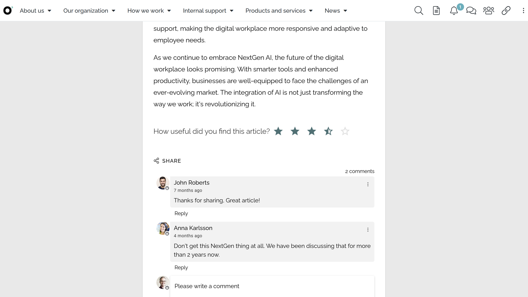 Intranet engagement features allowing employees to rate knowledge articles, comment, and share content via Microsoft Teams and Viva Engage.