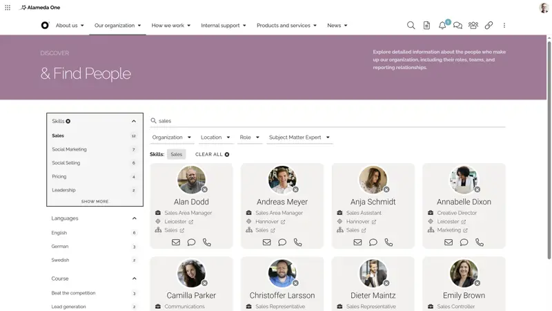 Intranet website feature showing people search with filters to find colleagues by department, role, or skills.