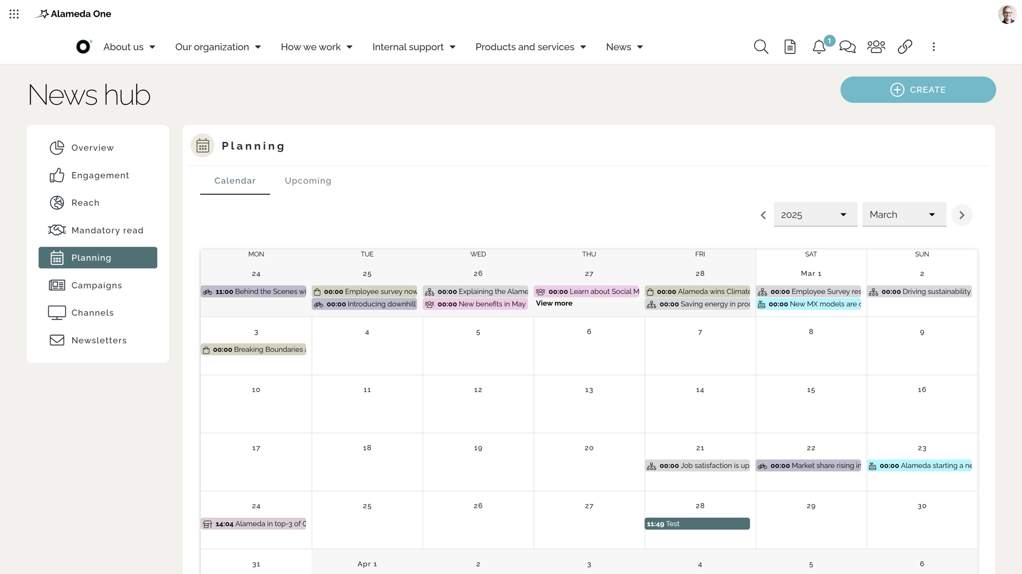 Internal communication intranet featuring a communication calendar used to manage cadence and content scheduling.