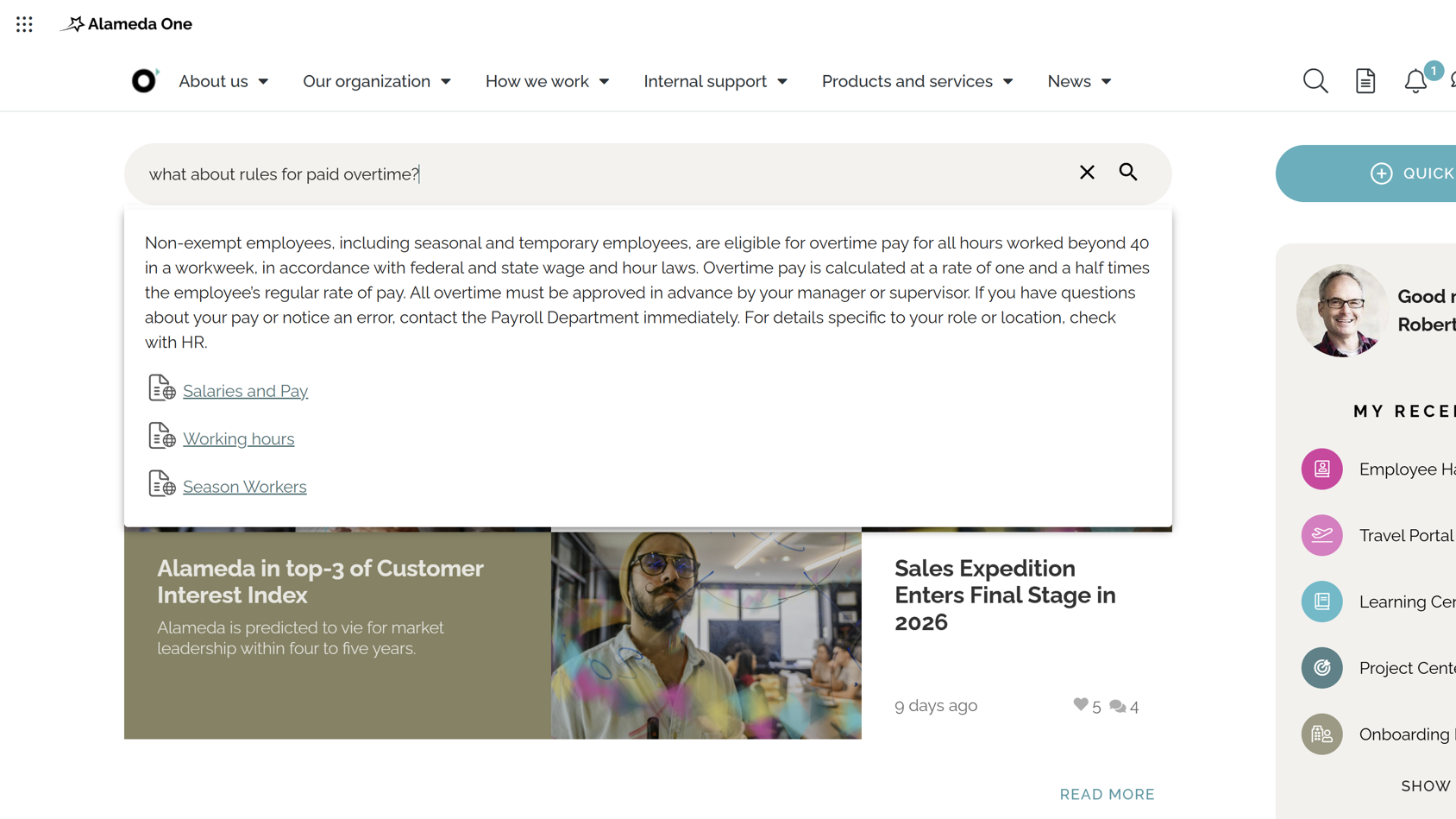 Intranet search and navigation example with AI-powered semantic search delivering direct answers to improve intranet findability