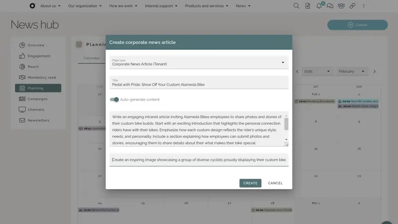 Intranet CMS Example: AI-assisted creation of an intranet news article with automated content suggestions.