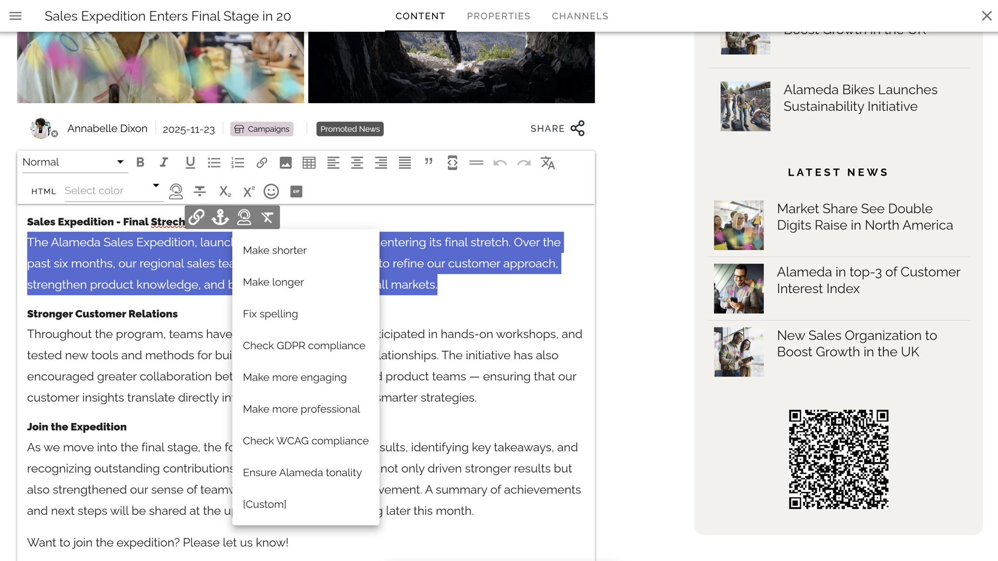 Alt text: Intranet communication idea featuring AI-powered text editing and prompts for improving intranet news articles.