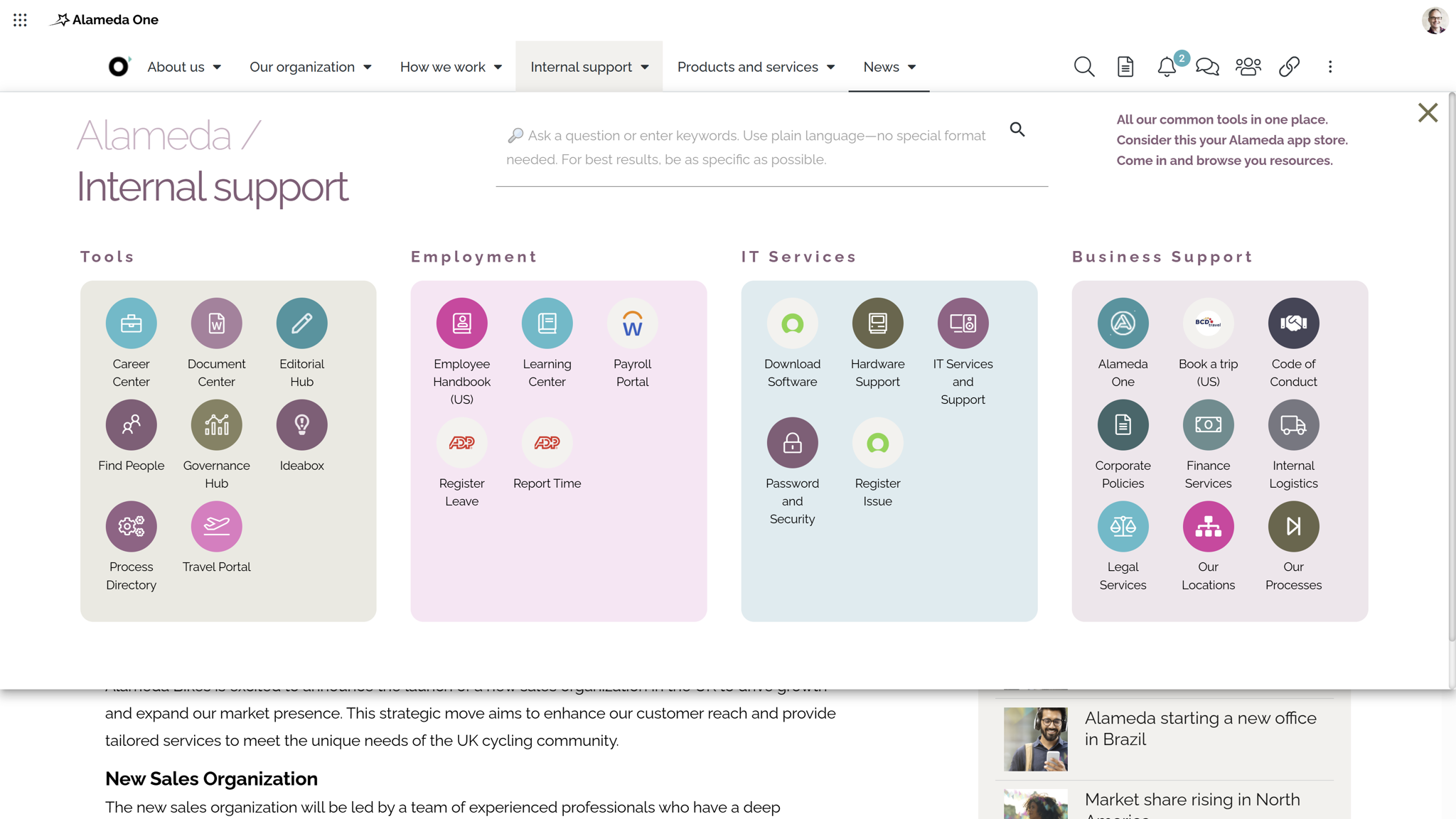 Intranet interface with mega menu navigation giving access to employee services like HR, IT, and Travel support.