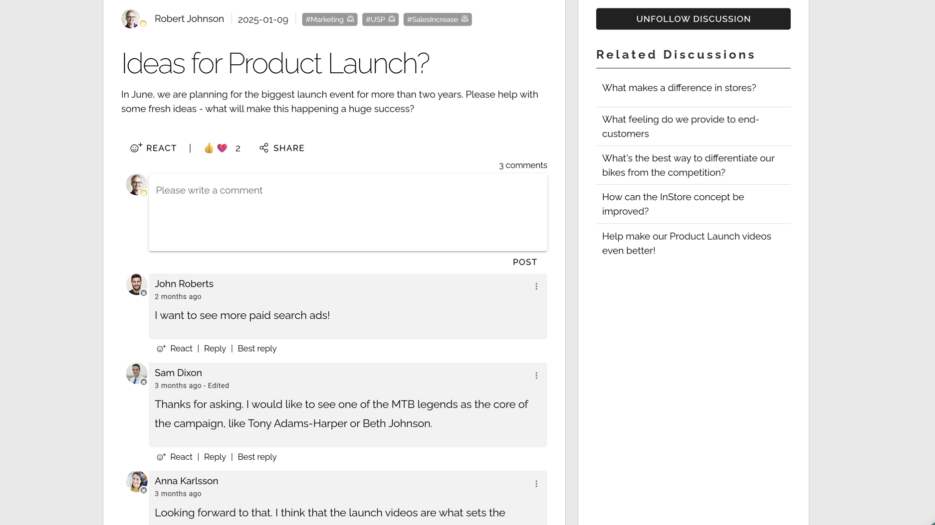 Intranet benefits for knowledge sharing shown through employee discussions and feedback in a knowledge management community.