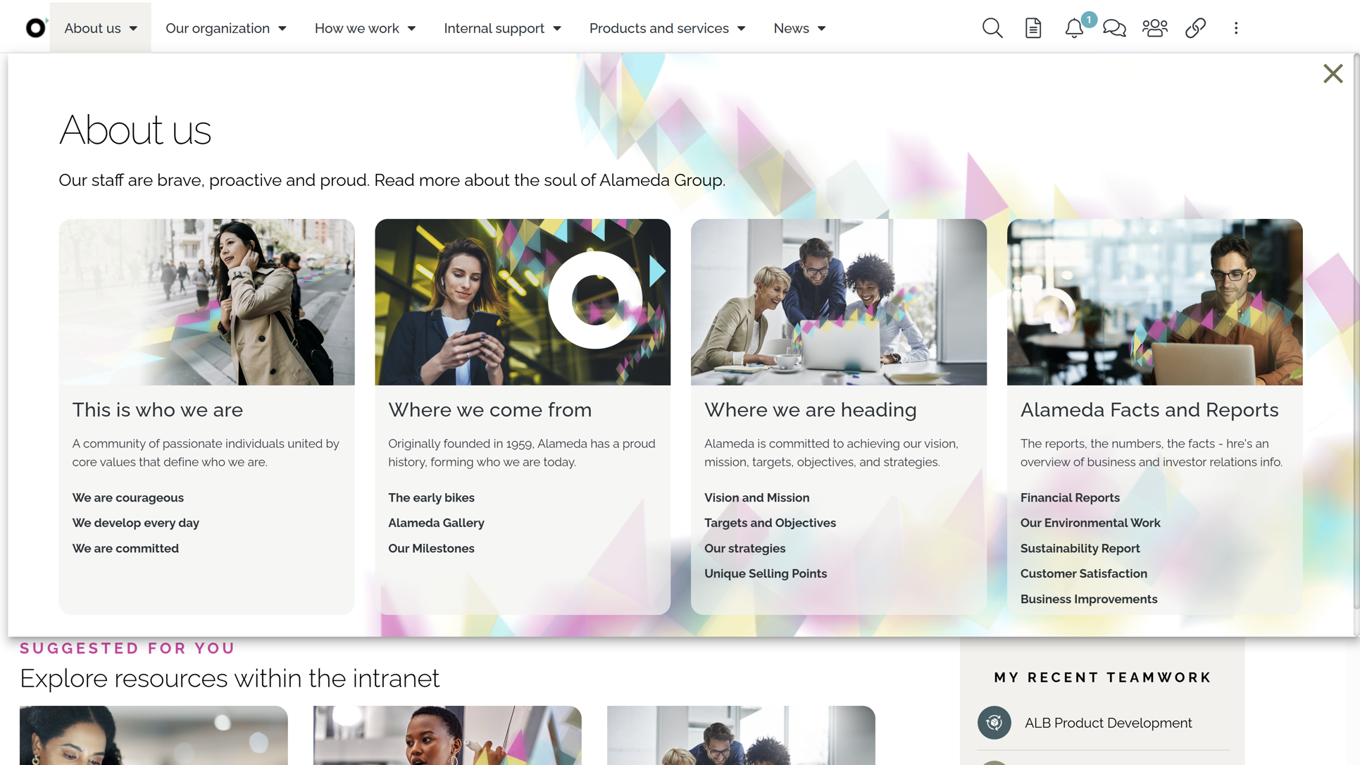 Intranet navigation best practice with visual mega menu providing clear overview of content sections to improve intranet findability