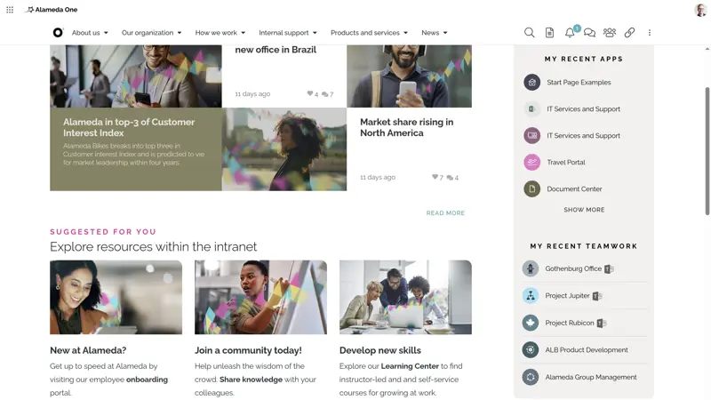 Intranet site features for teamwork, including project portfolio view and Microsoft Teams integration.