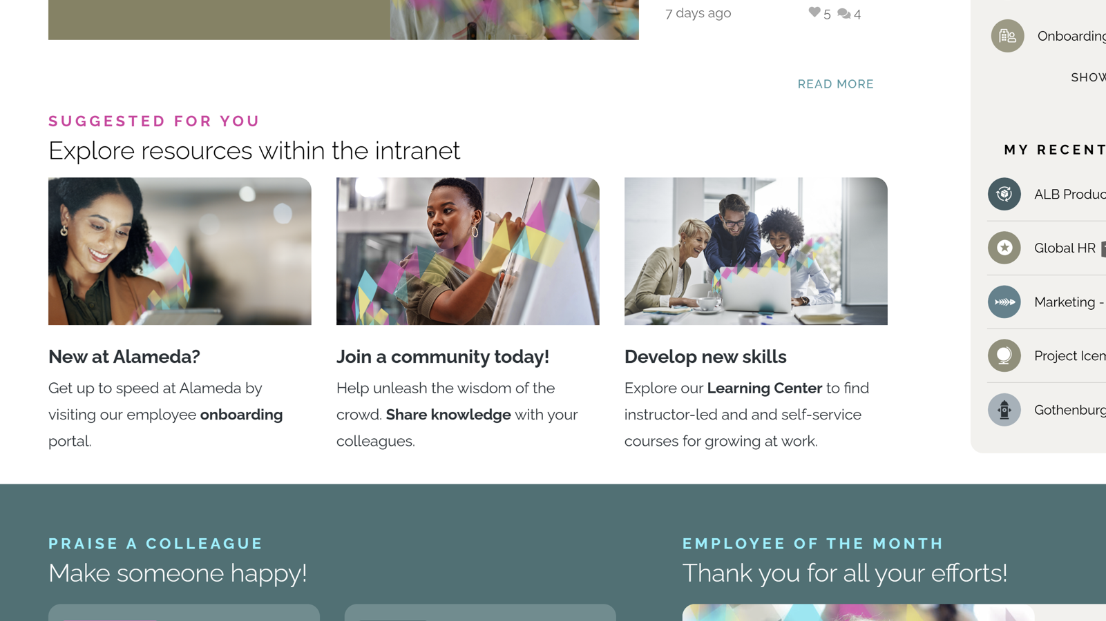 Intranet AI example: Surfacing personalized content on a homepage to provide a relevant experience.