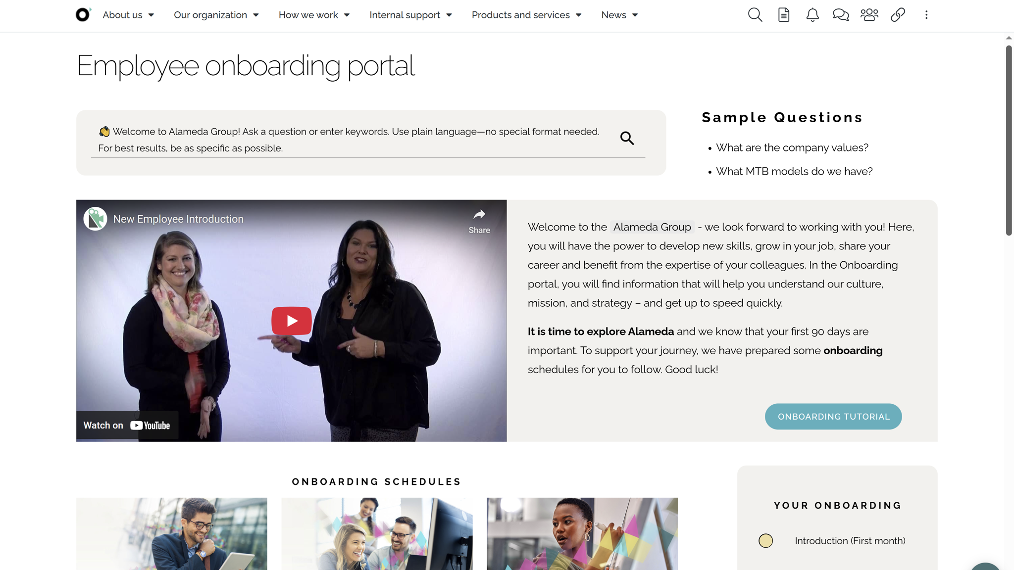 Social intranet tools for onboarding, featuring a customizable portal with welcome packs, tutorials, and company policies.